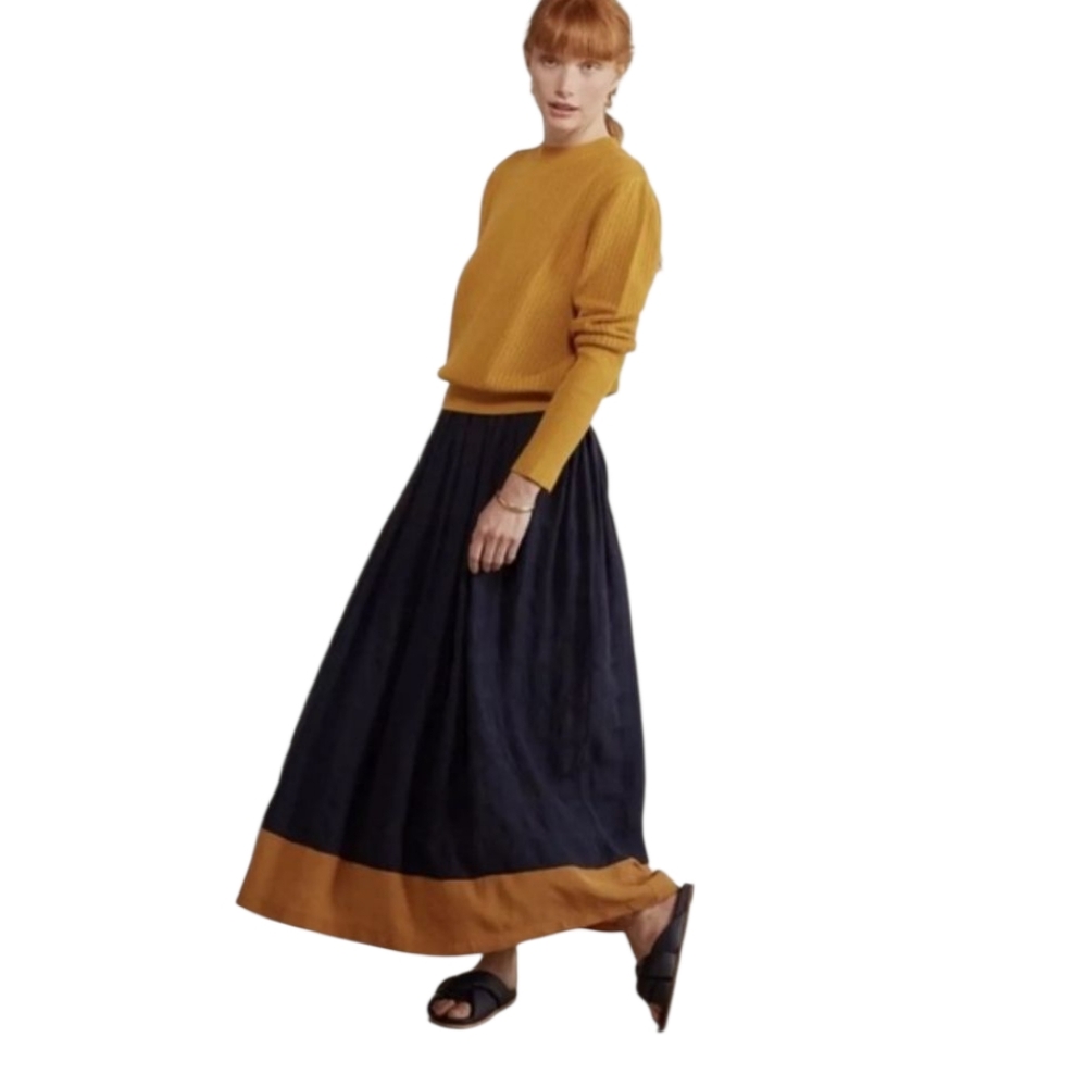 NWT THE ODELLS Colorblock Navy Mustard Flowy Maxi Skirt Small New